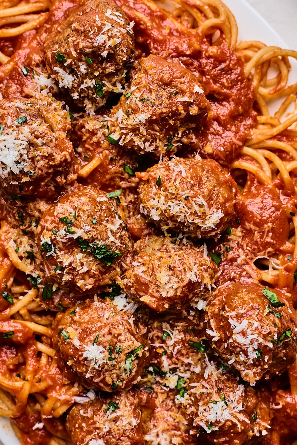 Spaghetti Meatballs close up on a platter