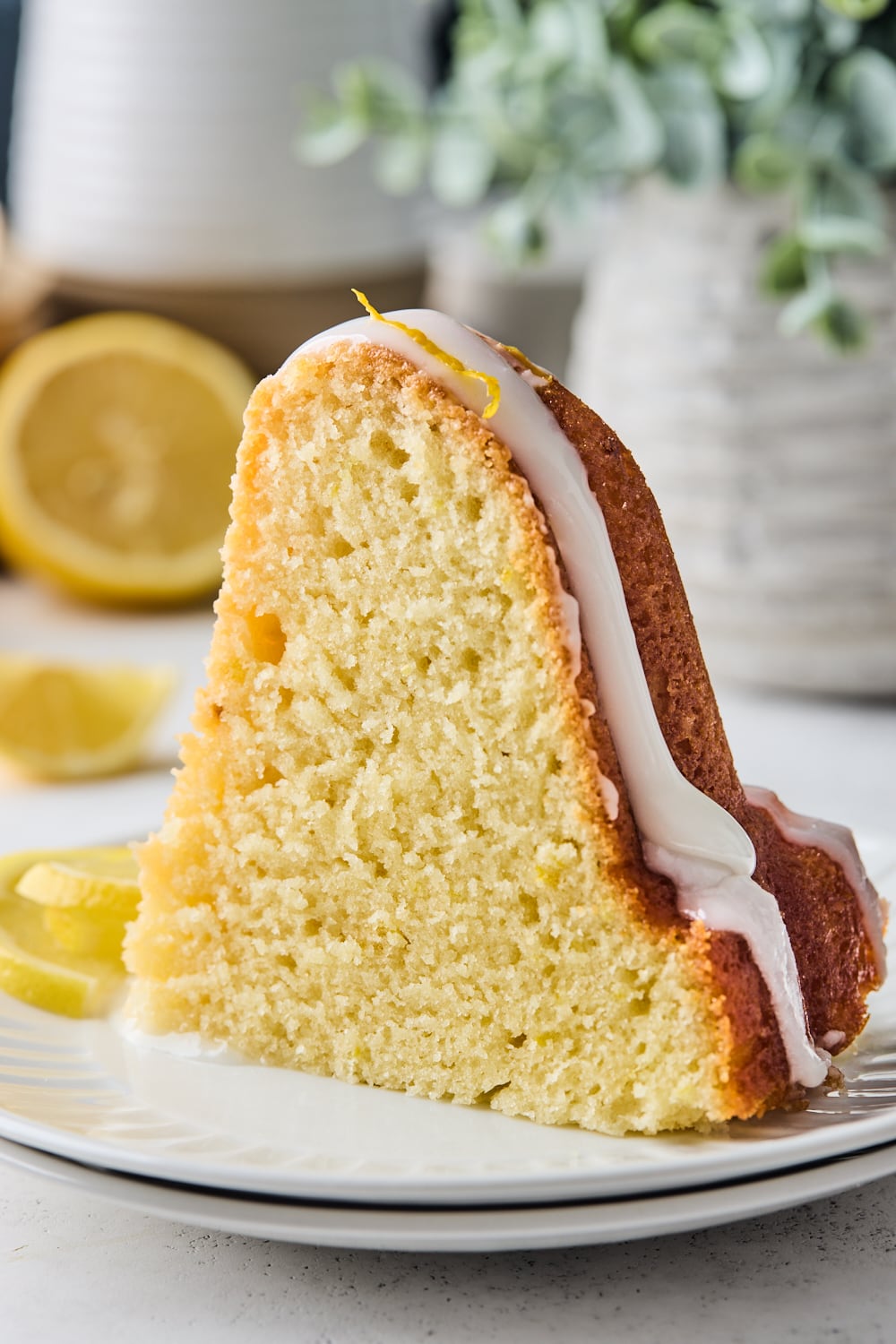 A single slice of Lemon Bundt Cake up close