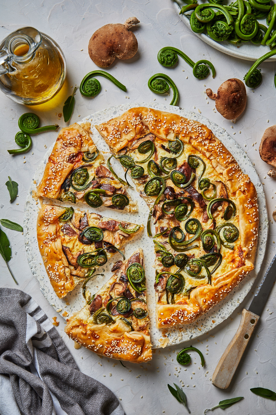 Fiddlehead and Mushroom Galette With Caramelized Onion Ricotta