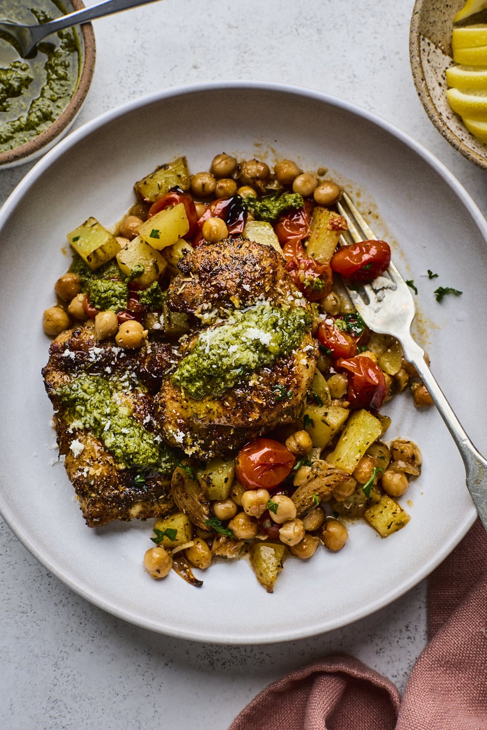 Sheet Pan Chicken Tomatoes Chickpeas and Pesto