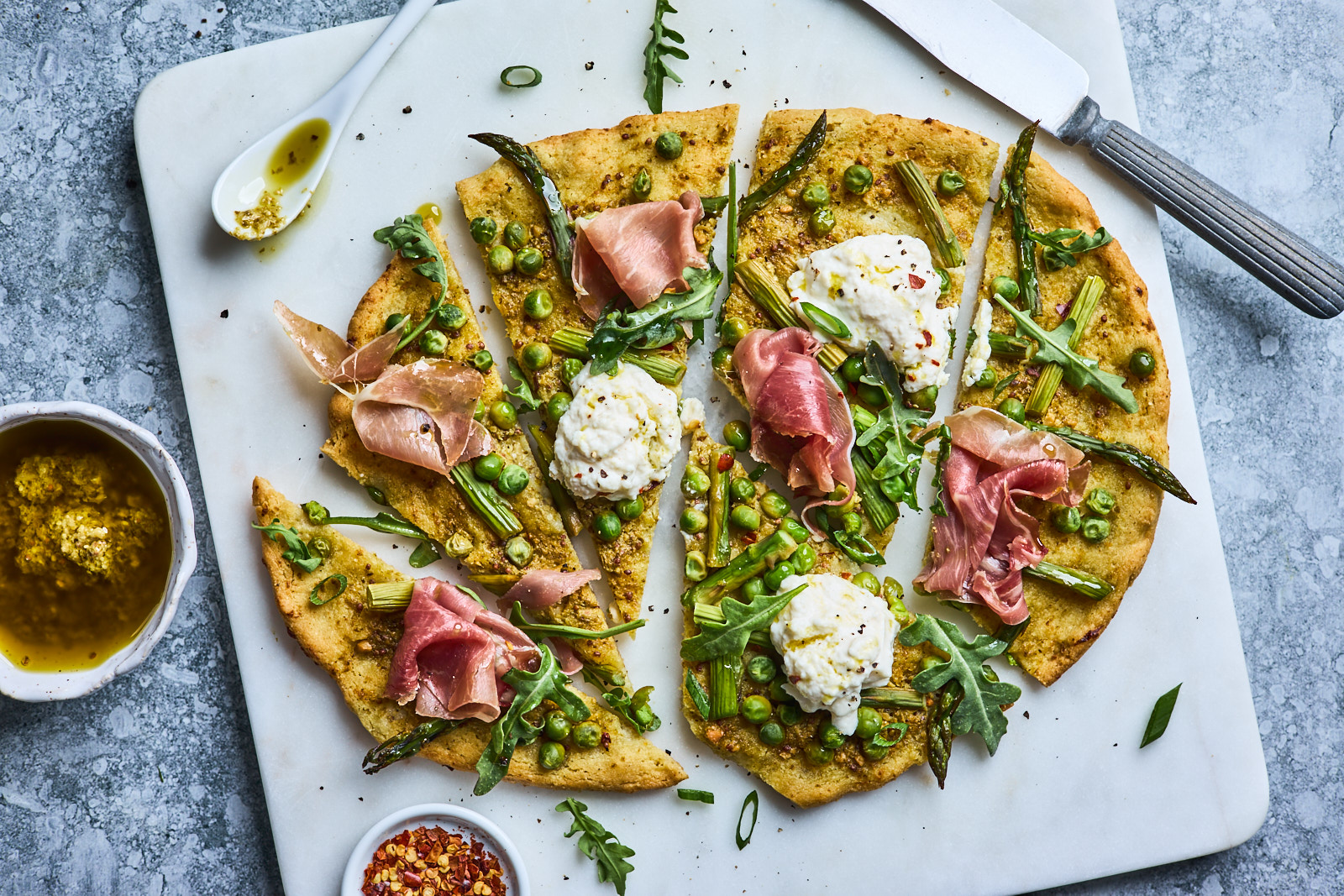 Flatbread Pizza With Pesto Asparagus Prosciutto and Burrata