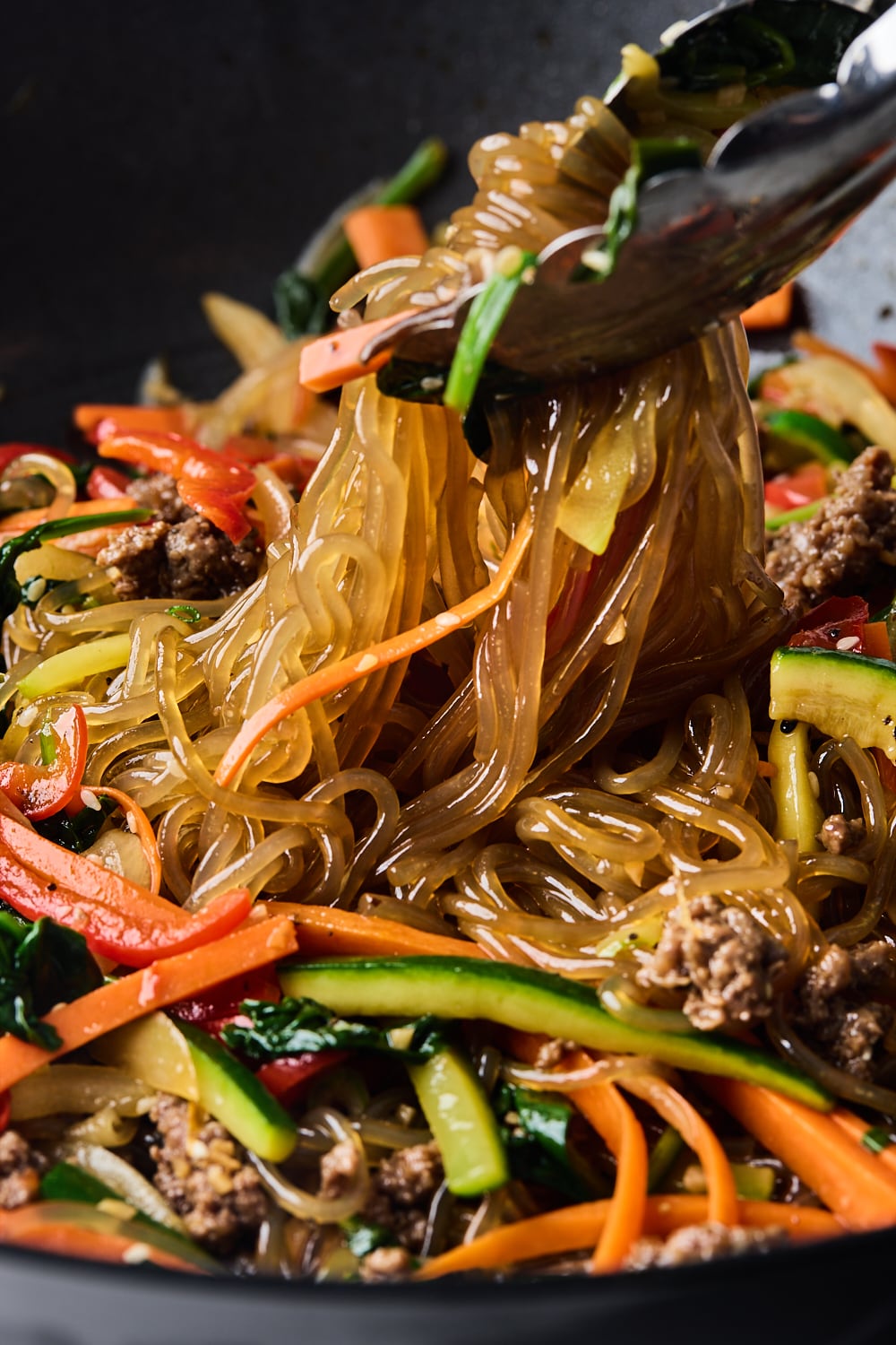 Close up of Japchae being served