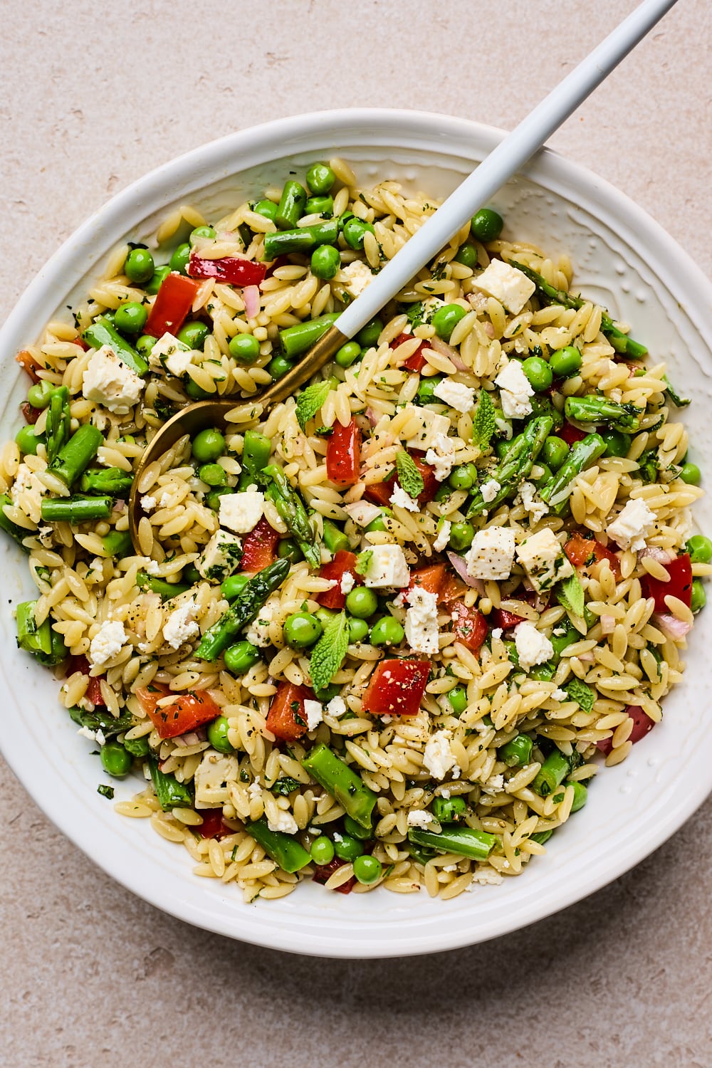 Orzo Pasta Salad in a bowl on a table