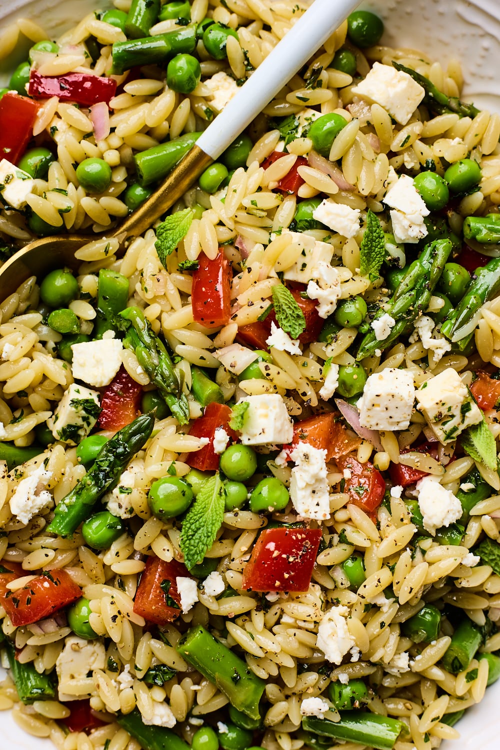 A macro shot of Orzo Pasta Salad