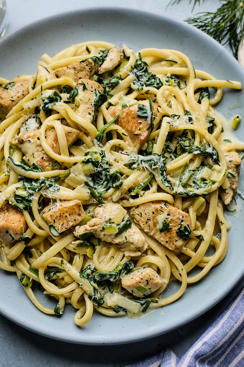 Creamy Chicken and Spinach Pasta Served on a blue plate