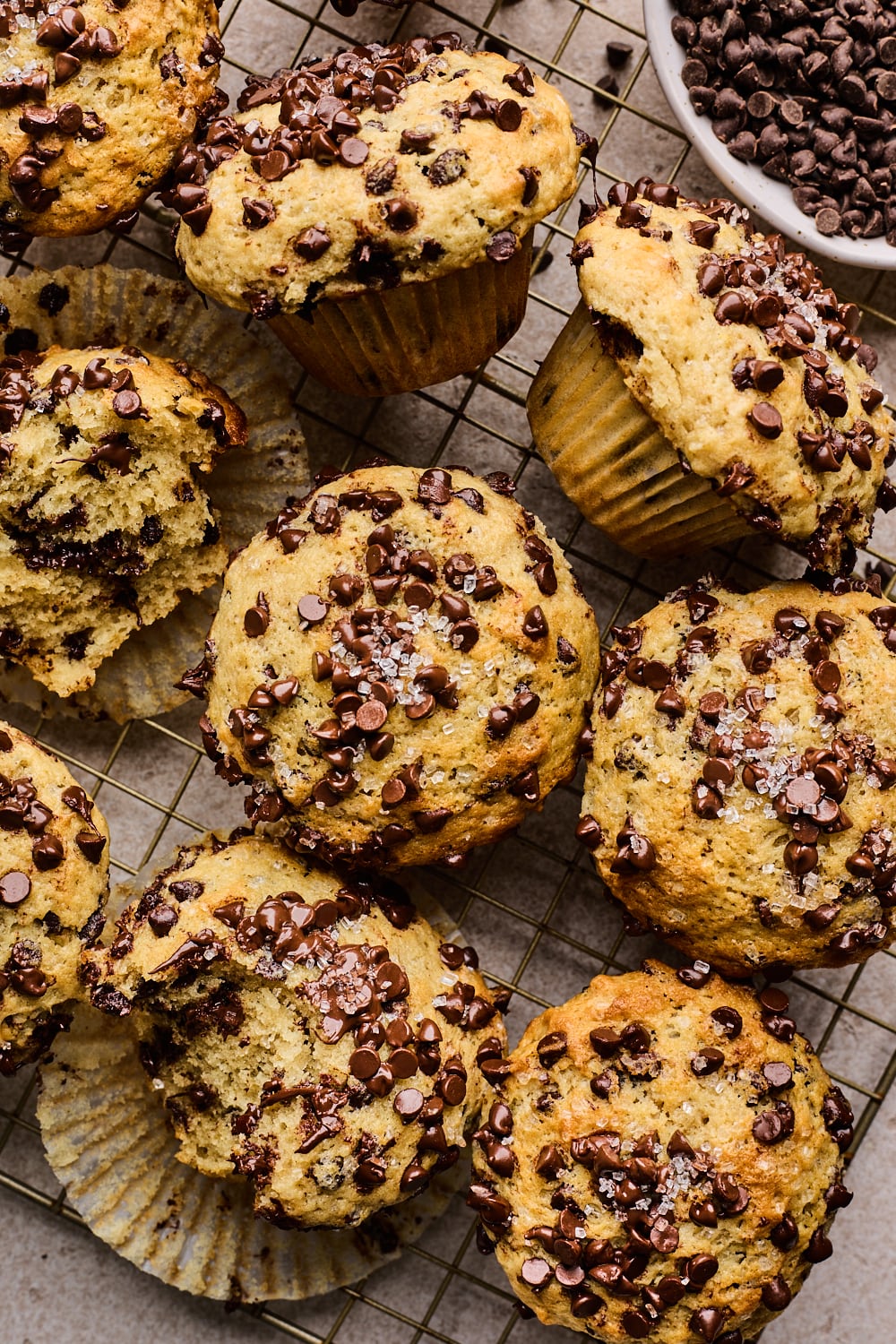 Chocolate Chip Muffins on a cooling rack