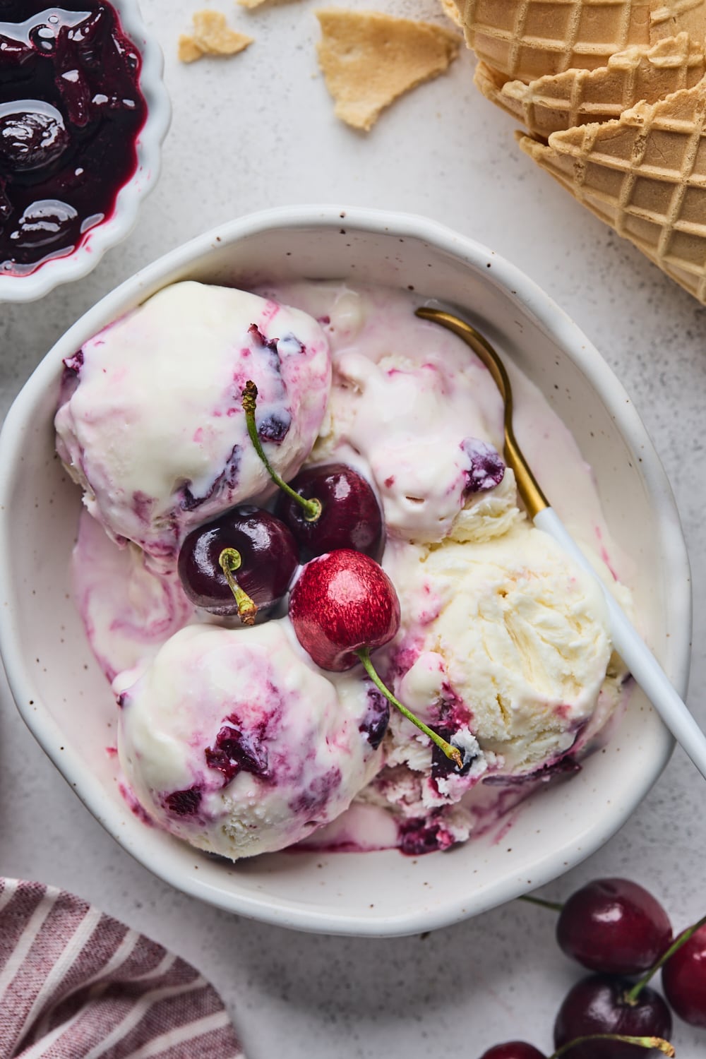 A bowl of No Churn Cherry Ice Cream